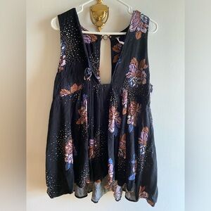 Free People Floral Tie Front Lovely Day Tunic Dress V-Neck Black Size Medium